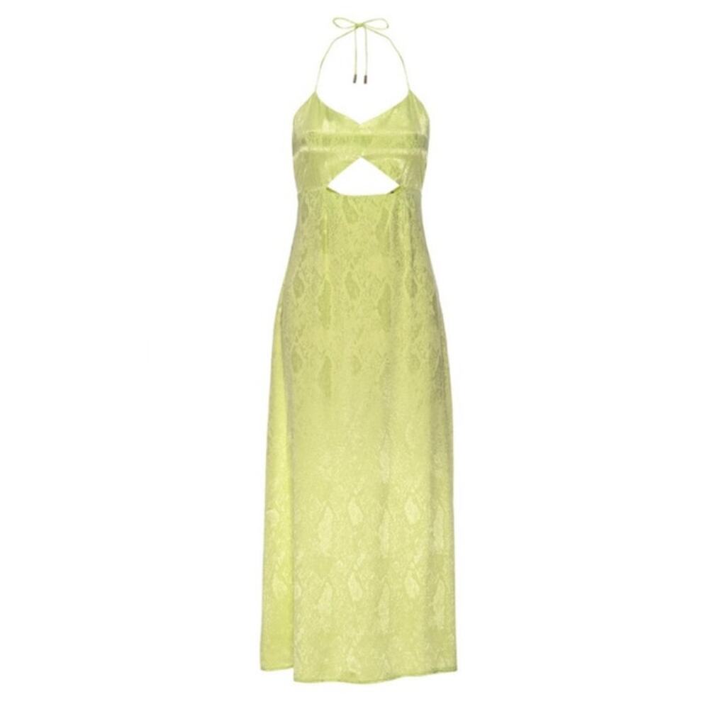 AFRM Radish Dress in Lime Green Snake Jacquard Midi Halter Front Cutout Slip NWT - Picture 3 of 16